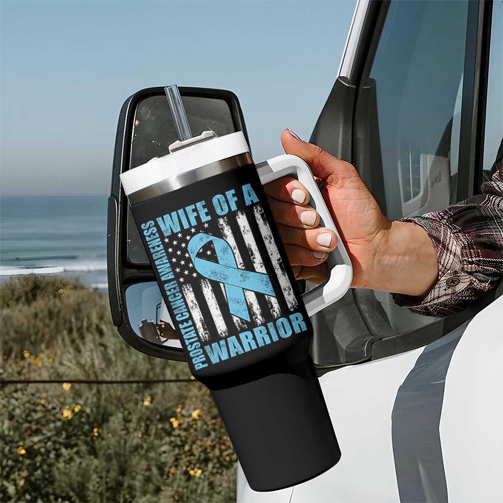 Wife Of A Warrior Prostate Cancer Awareness Tumbler With Handle American Flag Blue Ribbon Graphic