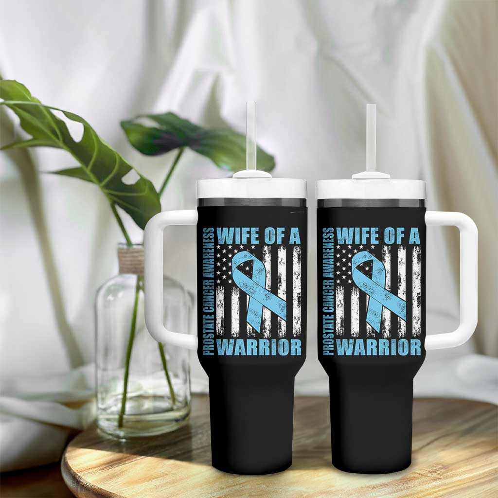 Wife Of A Warrior Prostate Cancer Awareness Tumbler With Handle American Flag Blue Ribbon Graphic
