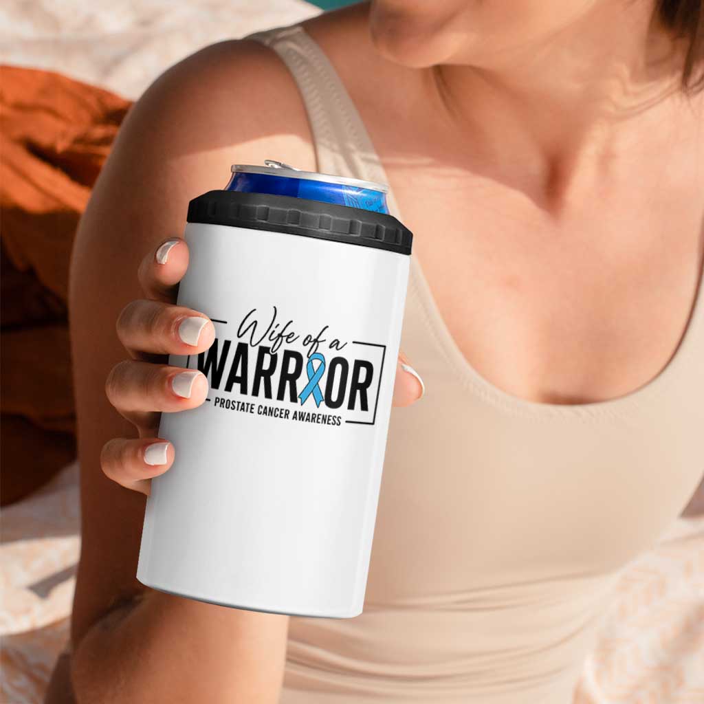 Wife Of A Warrior Prostate Cancer Awareness 4 in 1 Can Cooler Tumbler Blue Ribbon Graphic