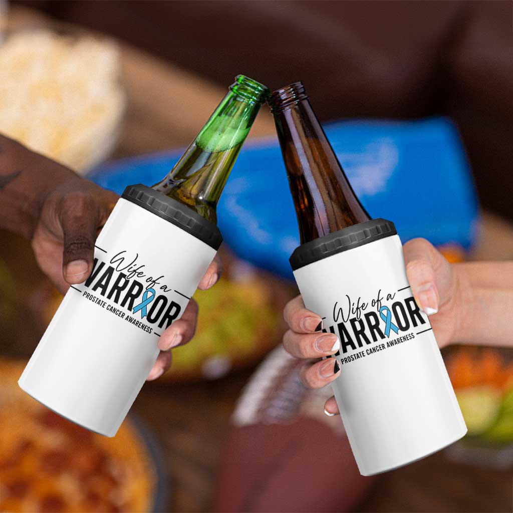 Wife Of A Warrior Prostate Cancer Awareness 4 in 1 Can Cooler Tumbler Blue Ribbon Graphic