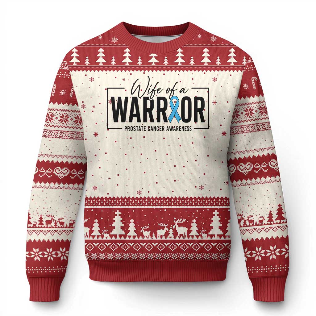 Wife Of A Warrior Prostate Cancer Awareness Ugly Christmas Sweater Blue Ribbon Graphic