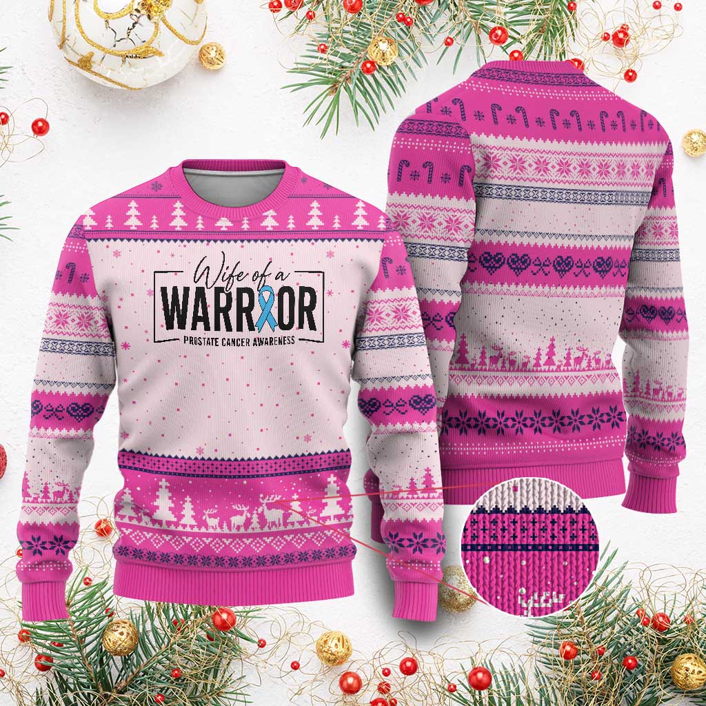 Wife Of A Warrior Prostate Cancer Awareness Ugly Christmas Sweater Blue Ribbon Graphic