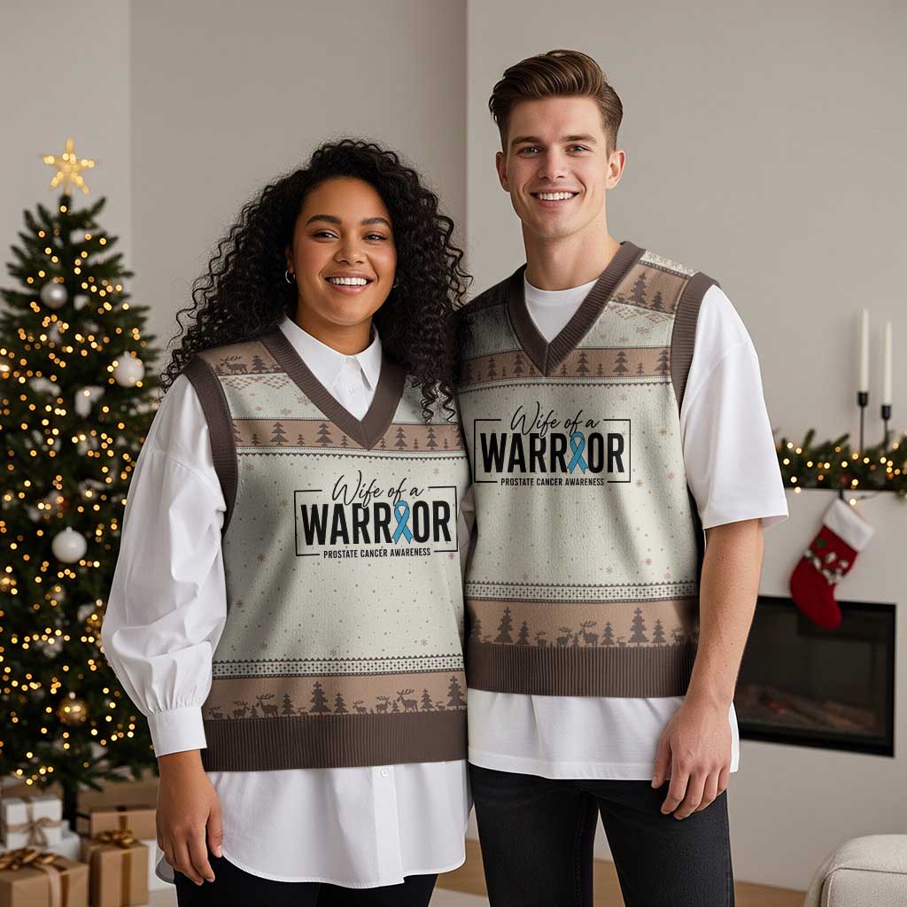 Wife Of A Warrior Prostate Cancer Awareness V-Neck Knit Sweater Vest Blue Ribbon Graphic