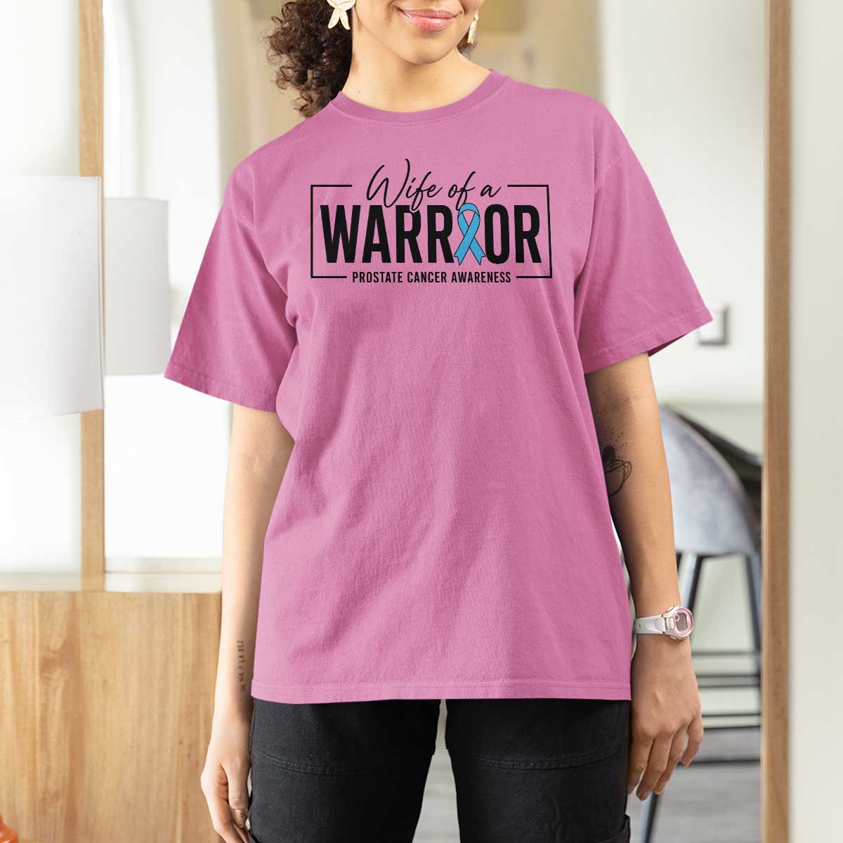 Wife Of A Warrior Prostate Cancer Awareness T Shirt For Women Blue Ribbon Graphic