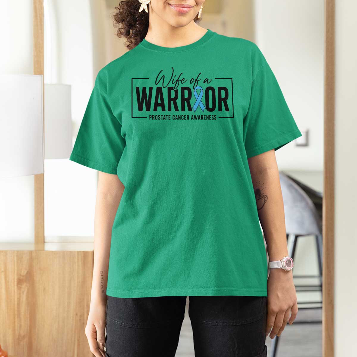 Wife Of A Warrior Prostate Cancer Awareness T Shirt For Women Blue Ribbon Graphic
