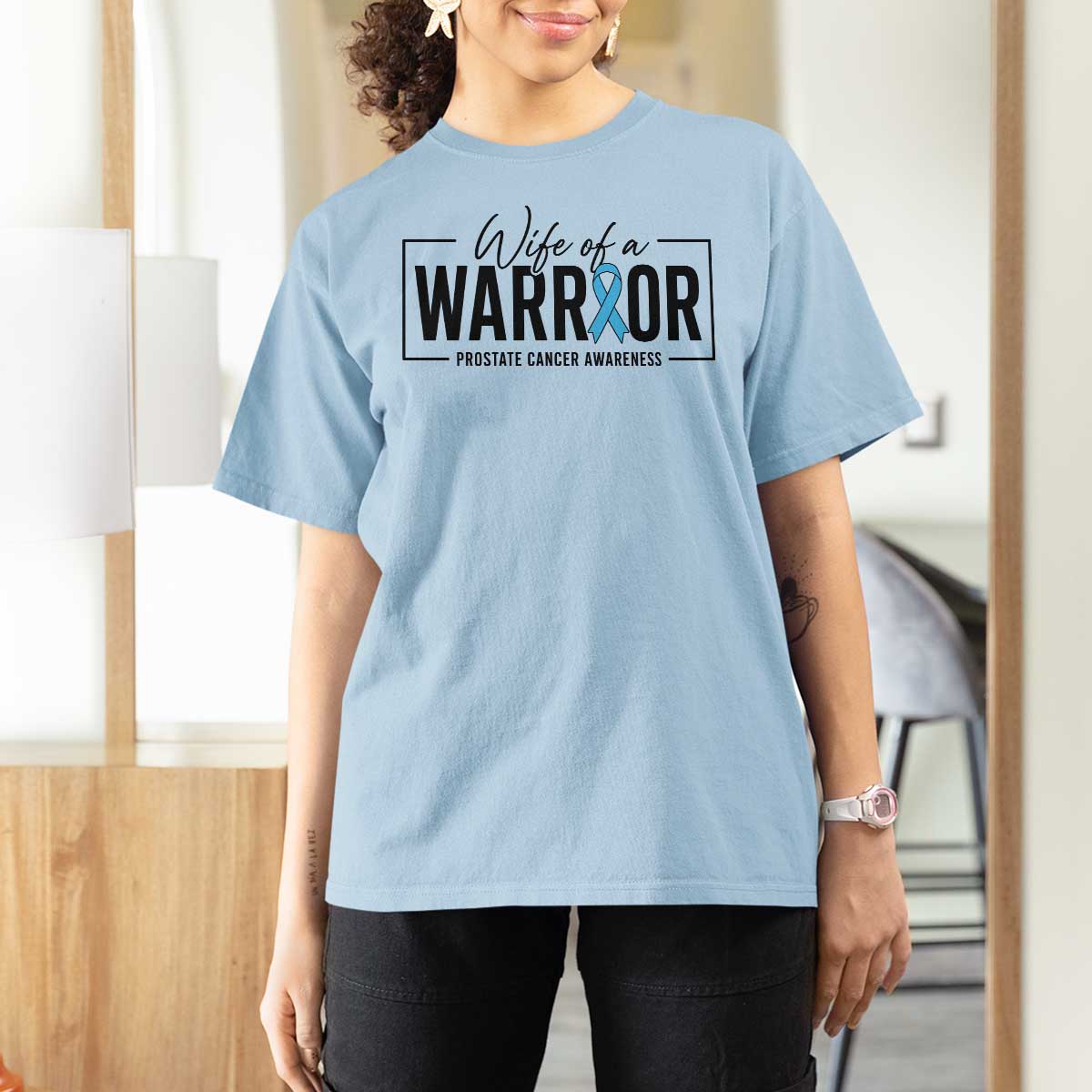 Wife Of A Warrior Prostate Cancer Awareness T Shirt For Women Blue Ribbon Graphic