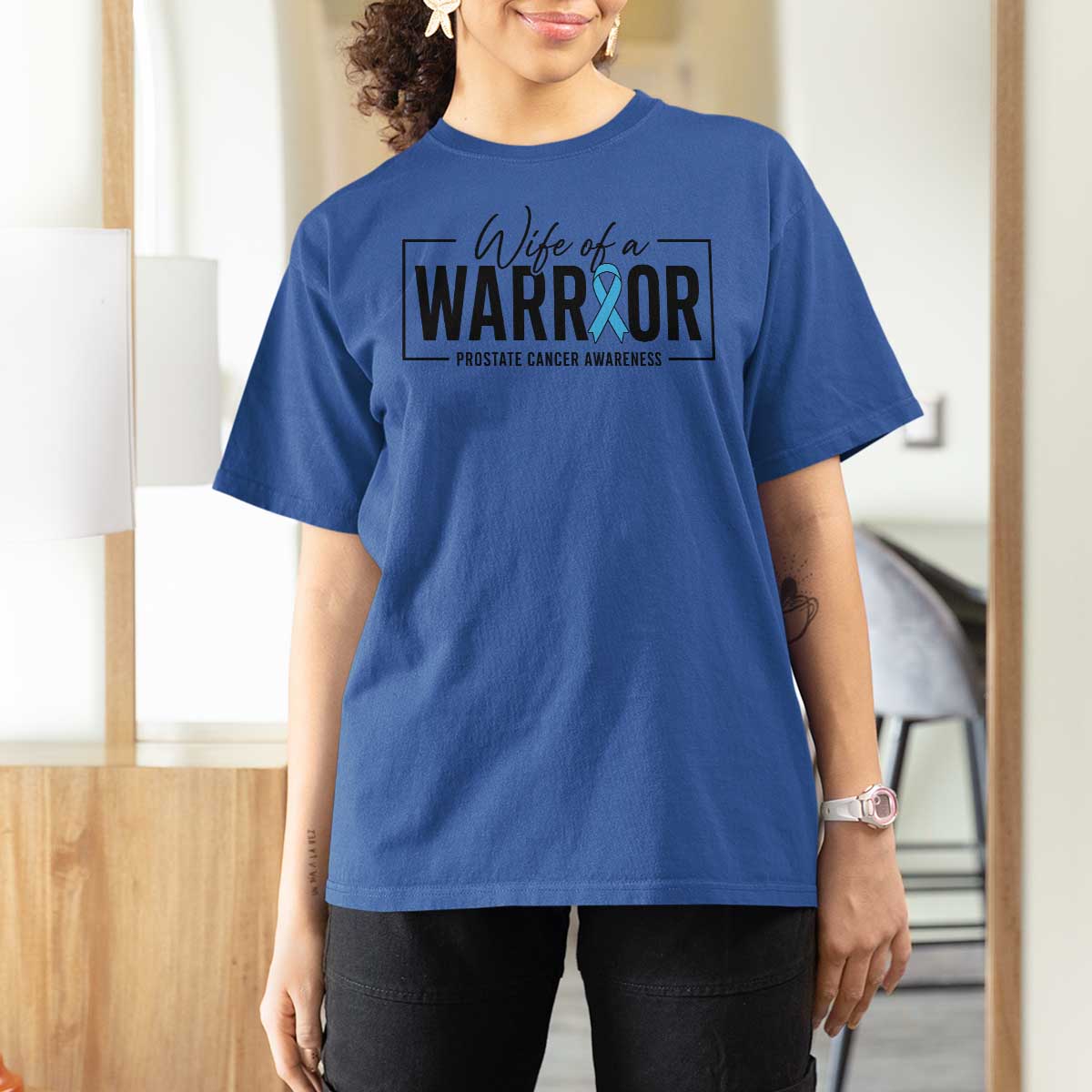 Wife Of A Warrior Prostate Cancer Awareness T Shirt For Women Blue Ribbon Graphic