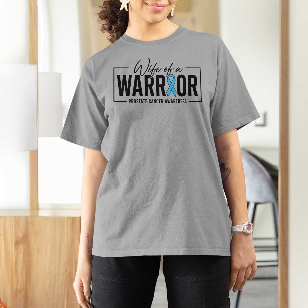 Wife Of A Warrior Prostate Cancer Awareness T Shirt For Women Blue Ribbon Graphic