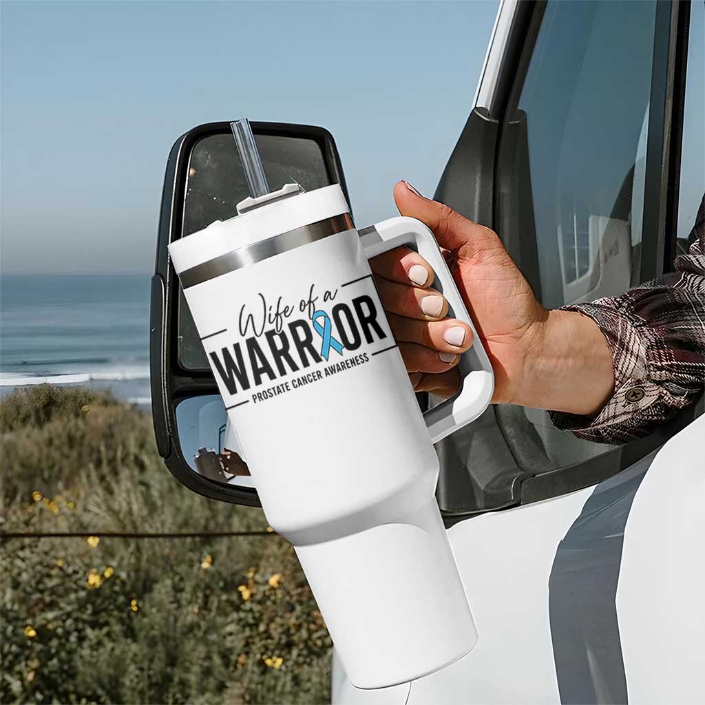 Wife Of A Warrior Prostate Cancer Awareness Tumbler With Handle Blue Ribbon Graphic