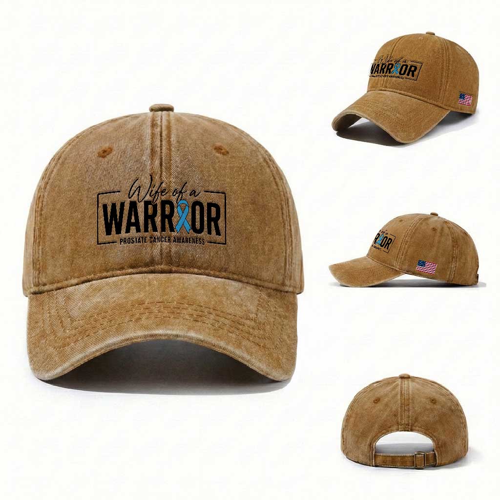 Wife Of A Warrior Prostate Cancer Awareness Washed Cotton Baseball Cap Blue Ribbon Graphic