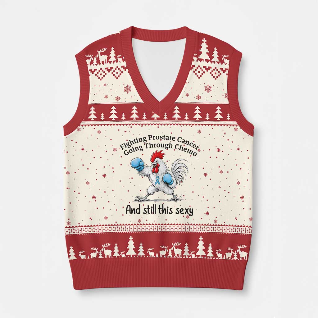 Funny Prostate Cancer Awareness Rooster Graphic V-Neck Knit Sweater Vest Going Through Chemo Still This Sexy