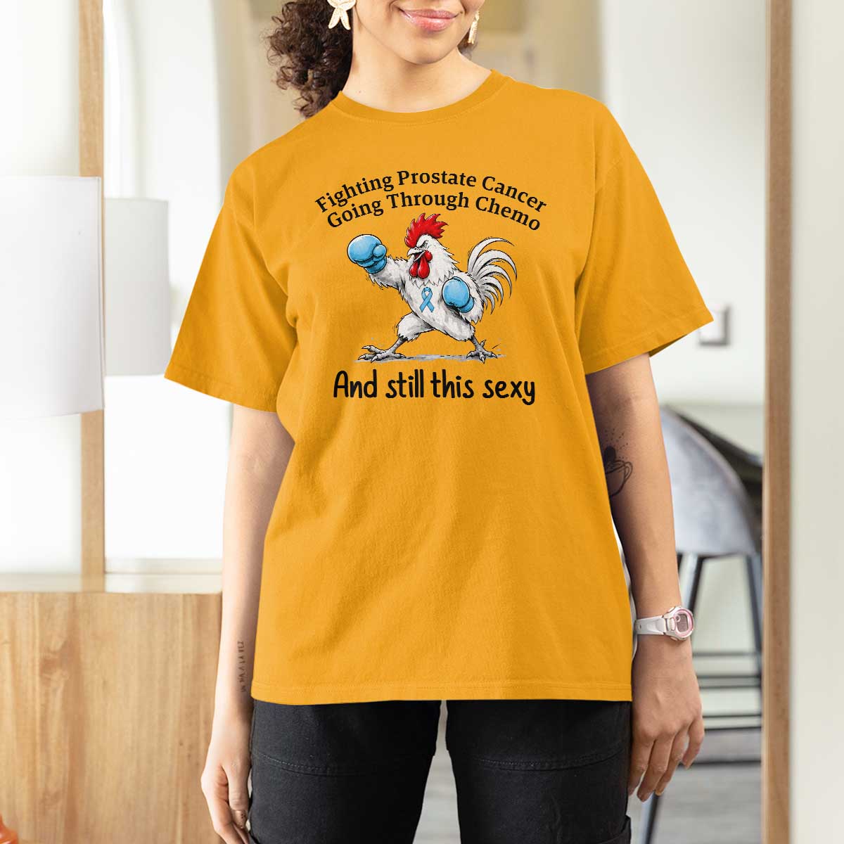 Funny Prostate Cancer Awareness Rooster Graphic T Shirt For Women Going Through Chemo Still This Sexy