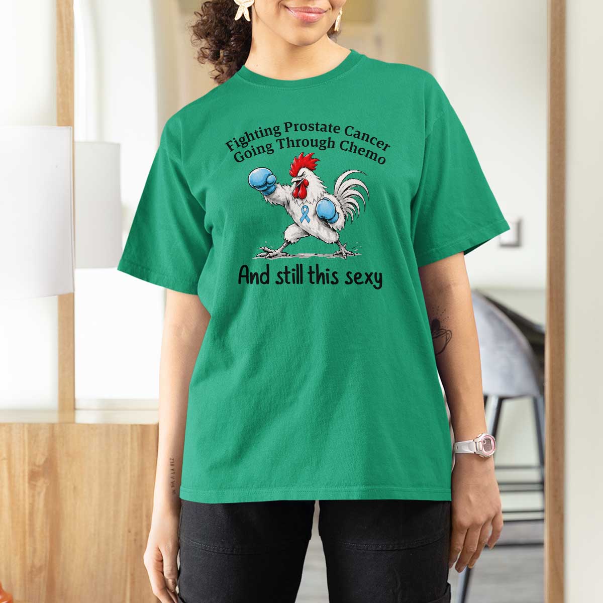 Funny Prostate Cancer Awareness Rooster Graphic T Shirt For Women Going Through Chemo Still This Sexy