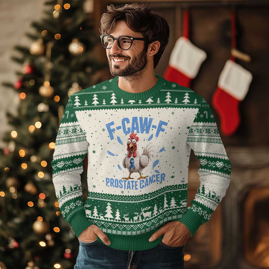 F-Caw-F Prostate Cancer Awareness Chicken Ugly Christmas Sweater Funny Blue Ribbon Support
