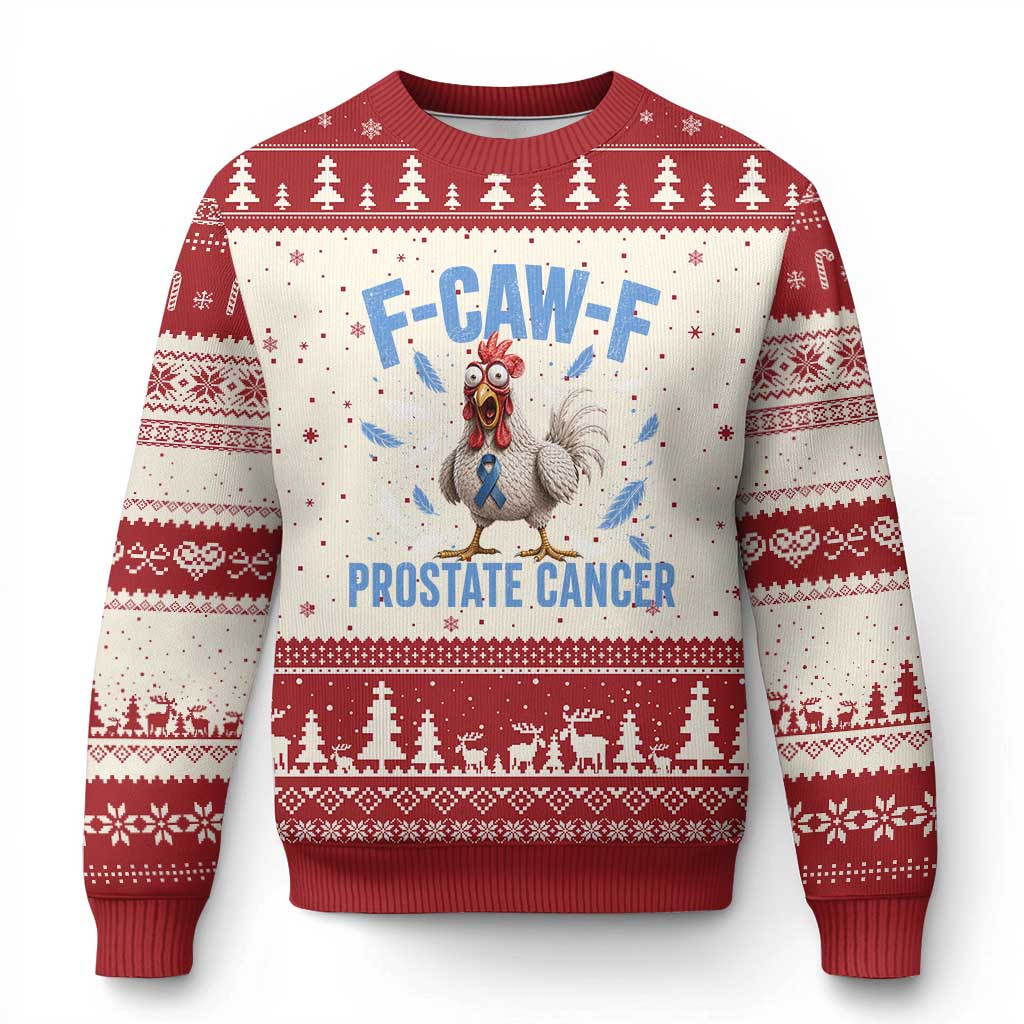 F-Caw-F Prostate Cancer Awareness Chicken Ugly Christmas Sweater Funny Blue Ribbon Support