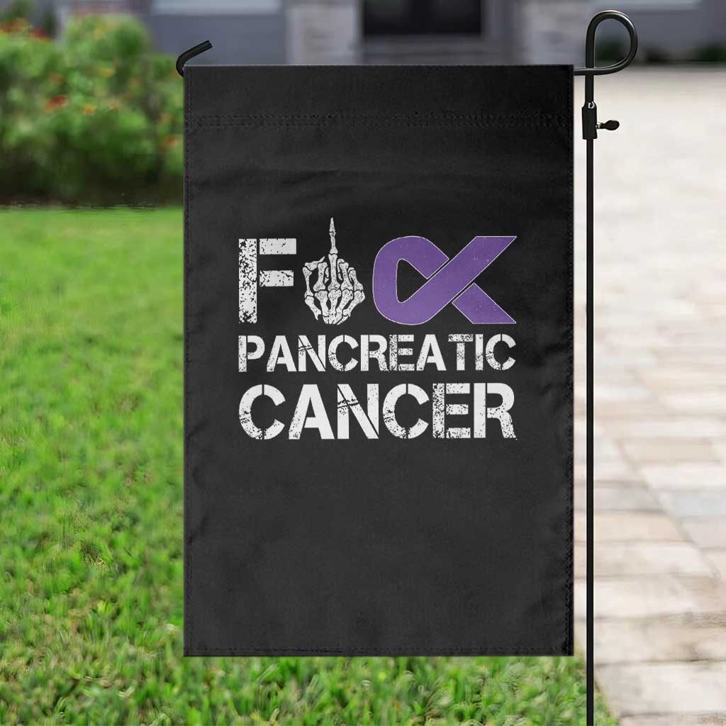 Fck Pancreatic Cancer Garden Flag Purple Ribbon Skeleton Hand Graphic