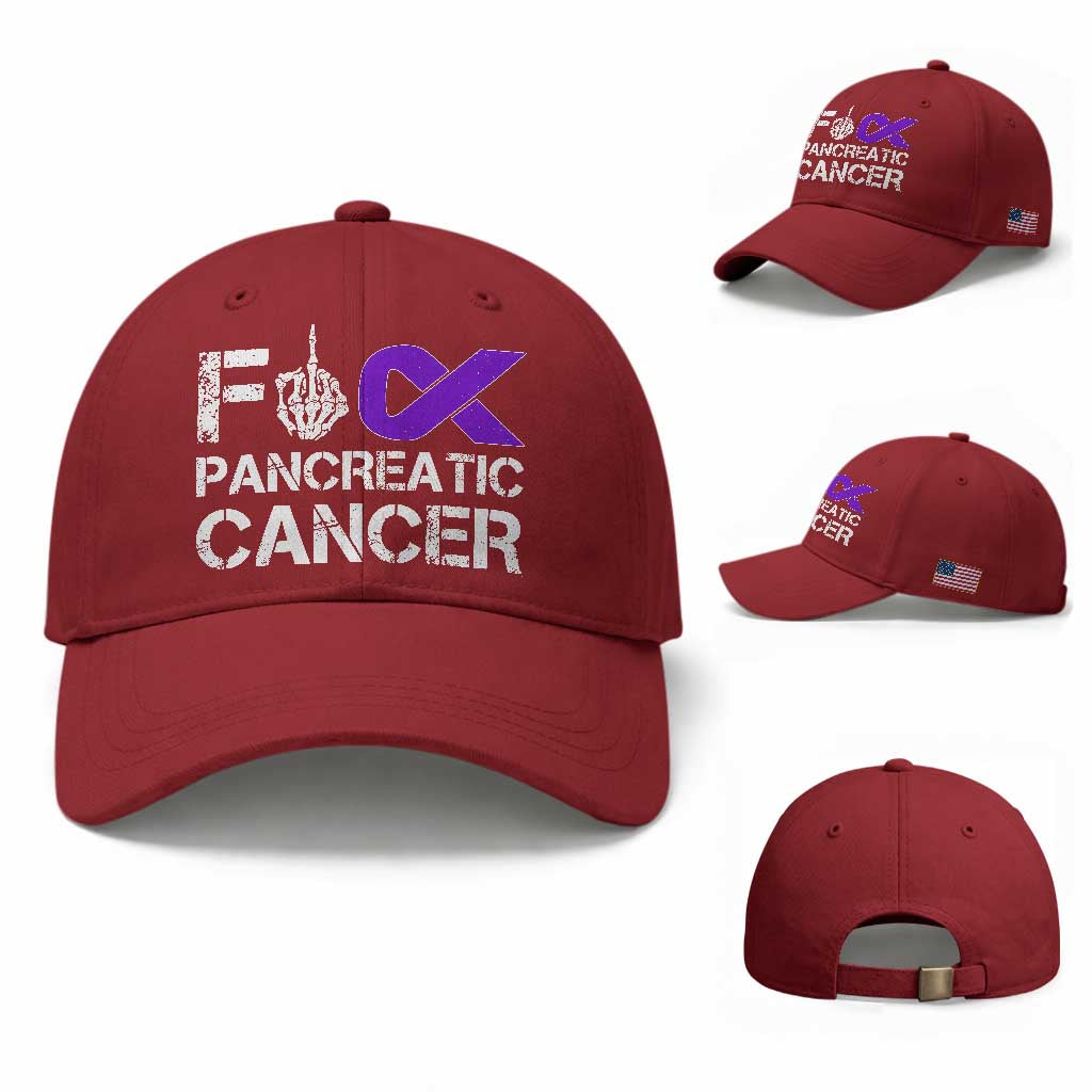 Fck Pancreatic Cancer Baseball Cap Purple Ribbon Skeleton Hand Graphic