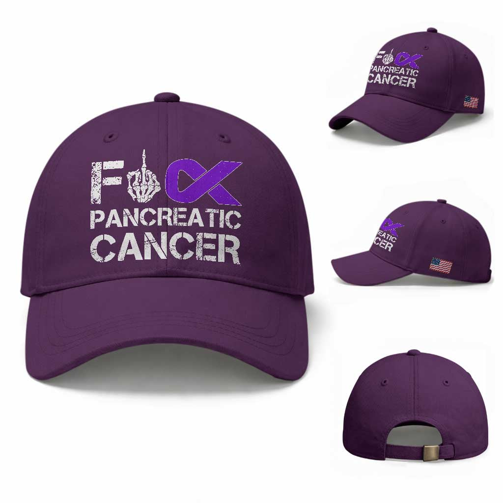 Fck Pancreatic Cancer Baseball Cap Purple Ribbon Skeleton Hand Graphic