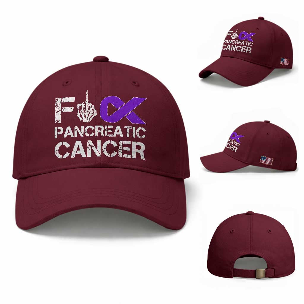 Fck Pancreatic Cancer Baseball Cap Purple Ribbon Skeleton Hand Graphic