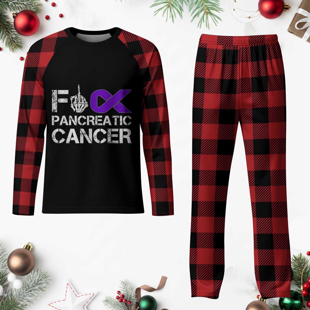 Fck Pancreatic Cancer Plaid Pajama Set Purple Ribbon Skeleton Hand Graphic