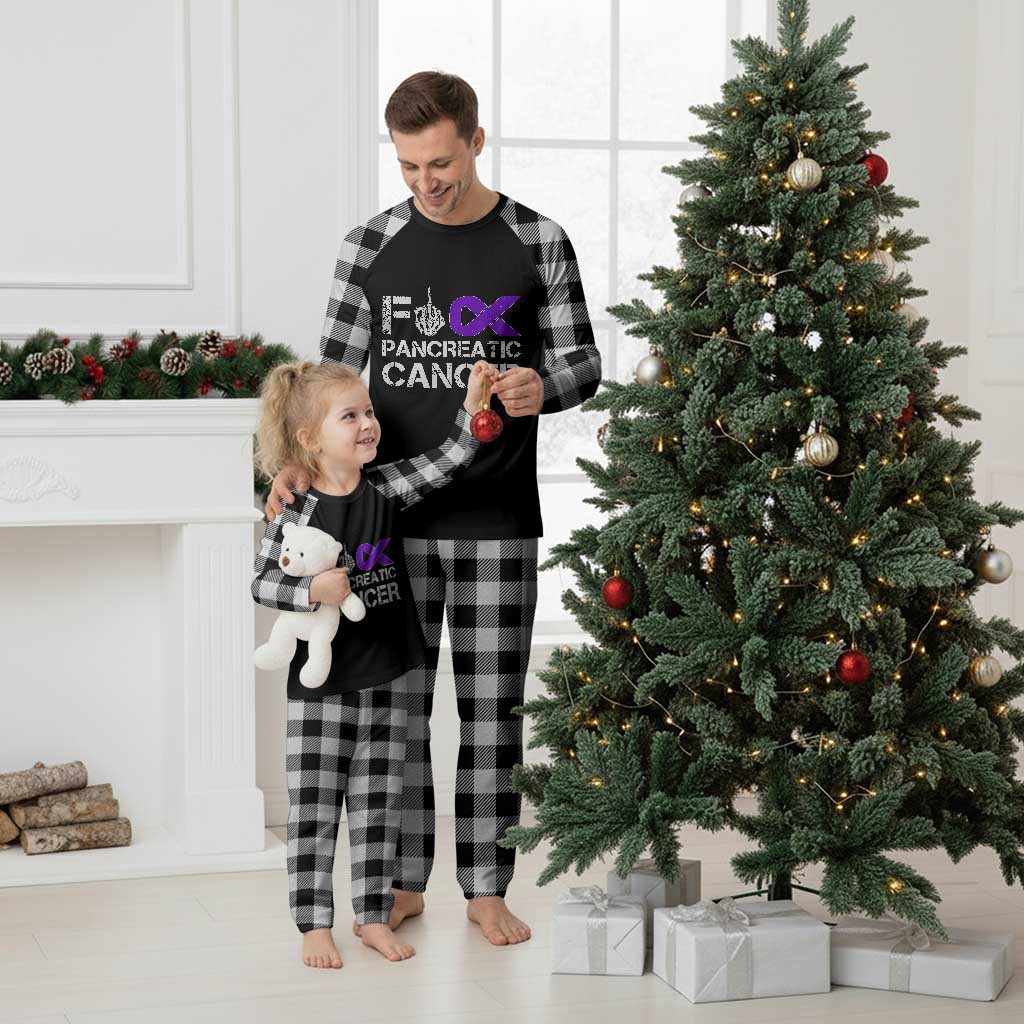 Fck Pancreatic Cancer Plaid Pajama Set Purple Ribbon Skeleton Hand Graphic