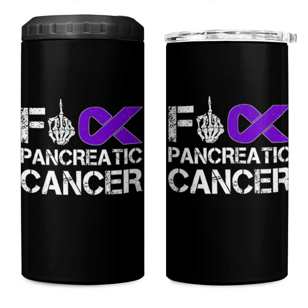Fck Pancreatic Cancer 4 in 1 Can Cooler Tumbler Purple Ribbon Skeleton Hand Graphic