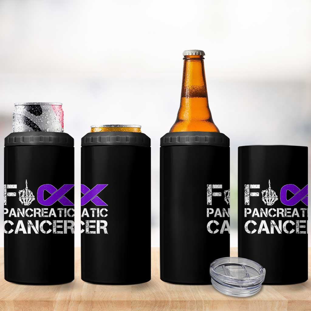 Fck Pancreatic Cancer 4 in 1 Can Cooler Tumbler Purple Ribbon Skeleton Hand Graphic