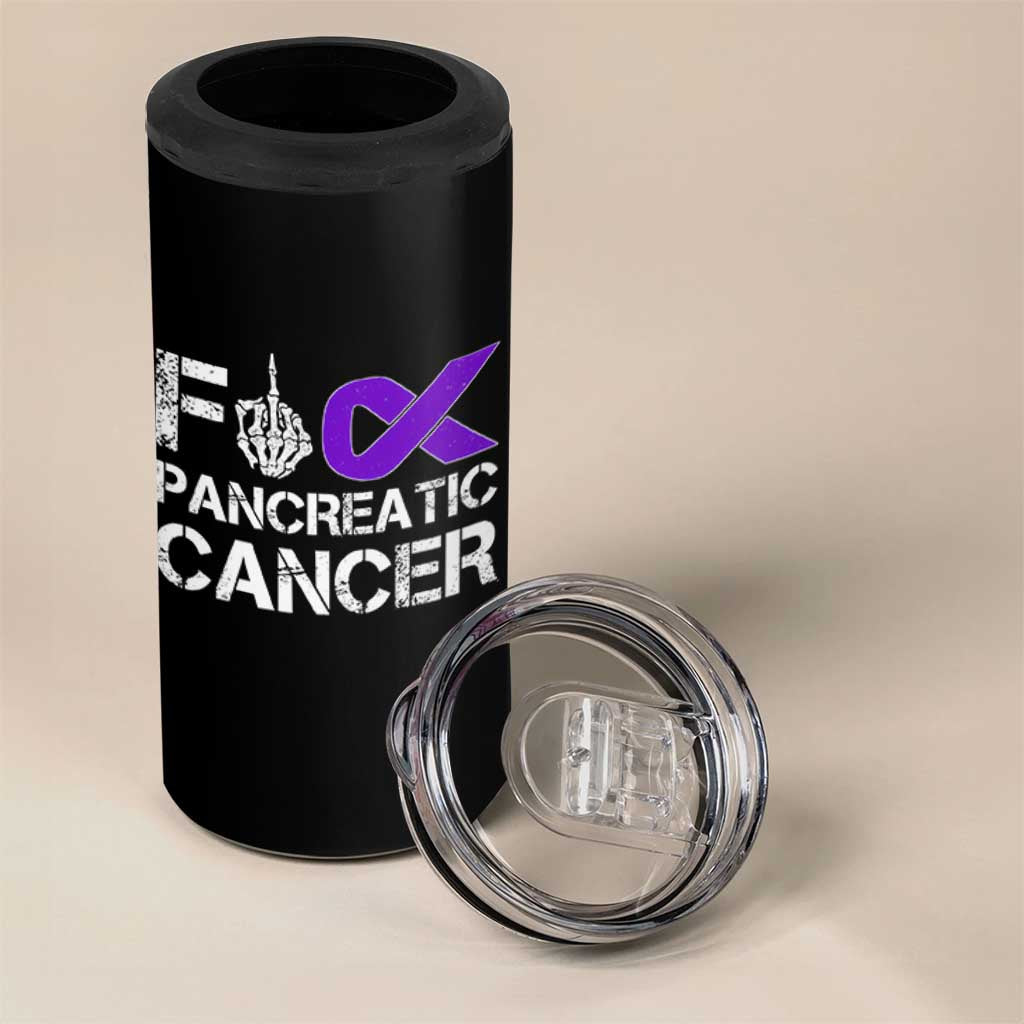 Fck Pancreatic Cancer 4 in 1 Can Cooler Tumbler Purple Ribbon Skeleton Hand Graphic