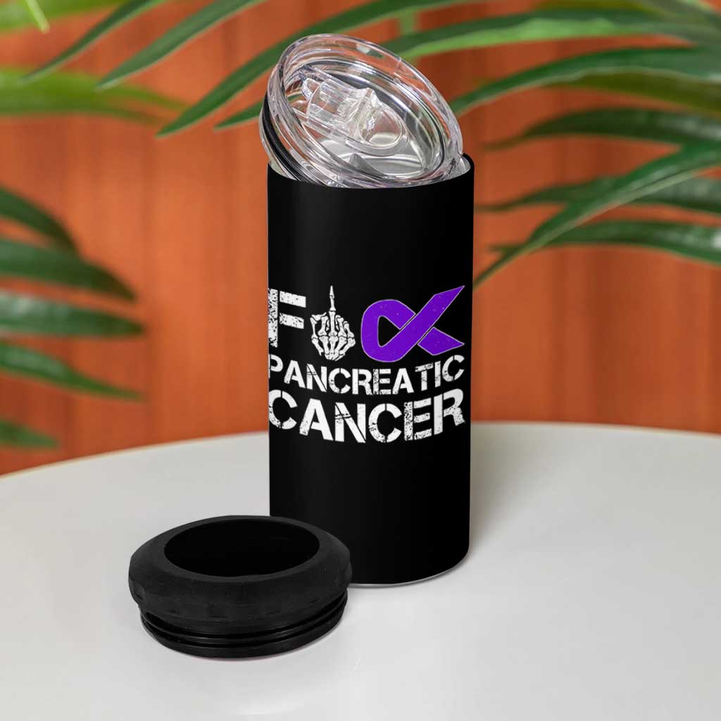 Fck Pancreatic Cancer 4 in 1 Can Cooler Tumbler Purple Ribbon Skeleton Hand Graphic