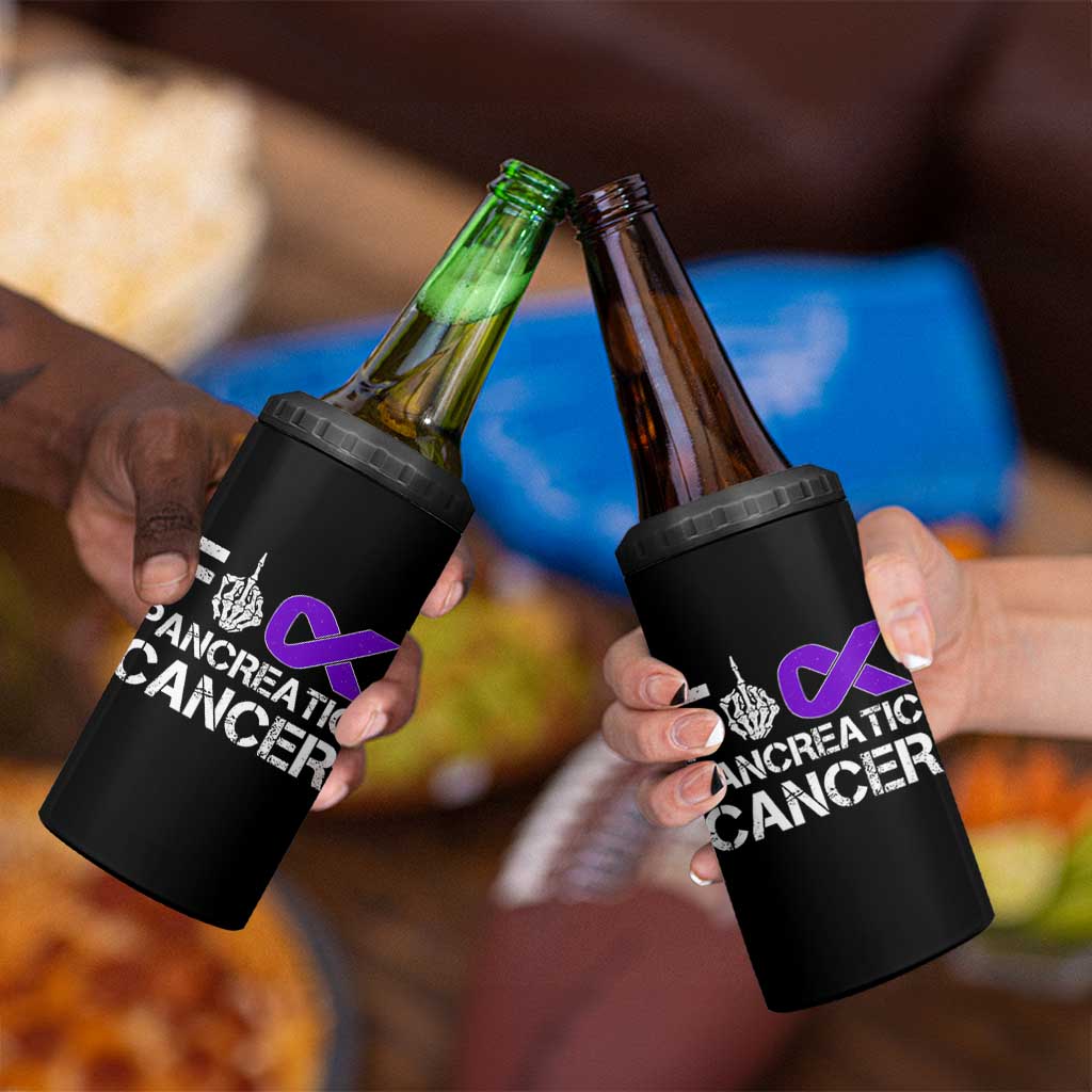 Fck Pancreatic Cancer 4 in 1 Can Cooler Tumbler Purple Ribbon Skeleton Hand Graphic