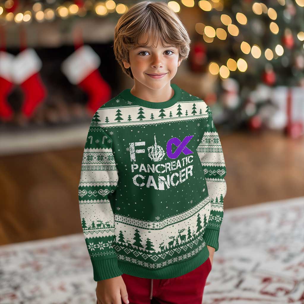Fck Pancreatic Cancer Ugly Christmas Sweater Purple Ribbon Skeleton Hand Graphic
