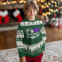 Fck Pancreatic Cancer Ugly Christmas Sweater Purple Ribbon Skeleton Hand Graphic
