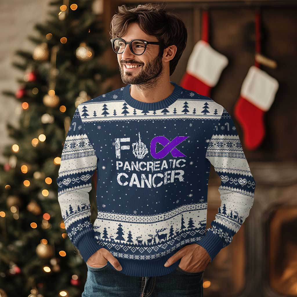 Fck Pancreatic Cancer Ugly Christmas Sweater Purple Ribbon Skeleton Hand Graphic