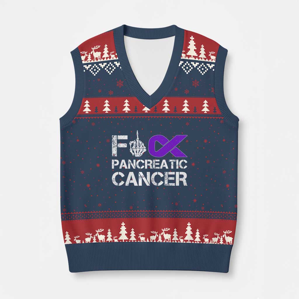 Fck Pancreatic Cancer V-Neck Knit Sweater Vest Purple Ribbon Skeleton Hand Graphic