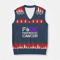 Fck Pancreatic Cancer V-Neck Knit Sweater Vest Purple Ribbon Skeleton Hand Graphic
