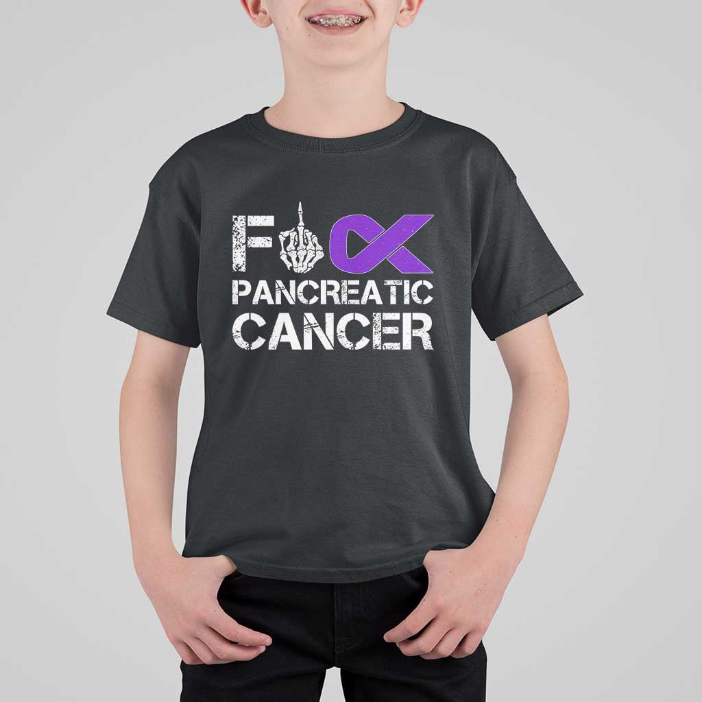 Fck Pancreatic Cancer T Shirt For Kid Purple Ribbon Skeleton Hand Graphic