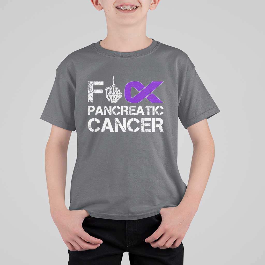 Fck Pancreatic Cancer T Shirt For Kid Purple Ribbon Skeleton Hand Graphic