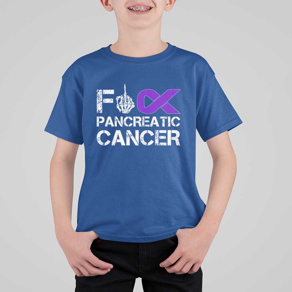 Fck Pancreatic Cancer T Shirt For Kid Purple Ribbon Skeleton Hand Graphic