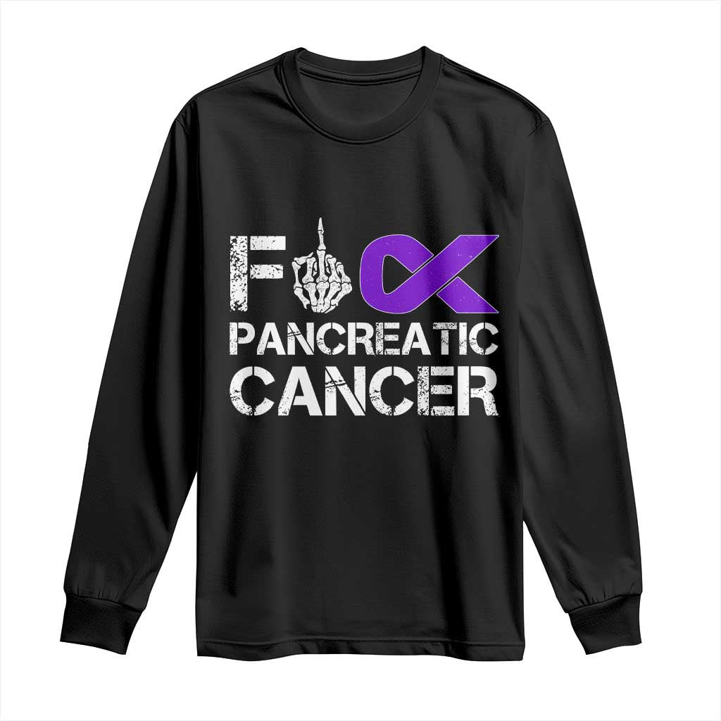 Fck Pancreatic Cancer Long Sleeve Shirt Purple Ribbon Skeleton Hand Graphic