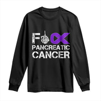 Fck Pancreatic Cancer Long Sleeve Shirt Purple Ribbon Skeleton Hand Graphic