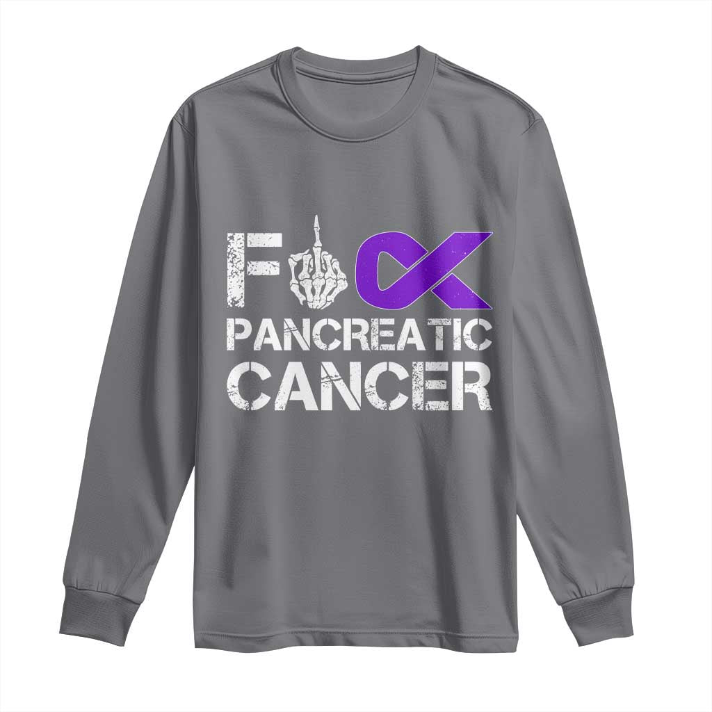 Fck Pancreatic Cancer Long Sleeve Shirt Purple Ribbon Skeleton Hand Graphic