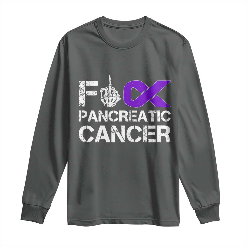 Fck Pancreatic Cancer Long Sleeve Shirt Purple Ribbon Skeleton Hand Graphic
