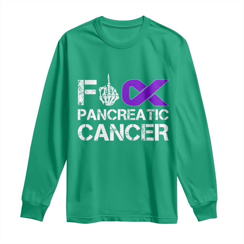 Fck Pancreatic Cancer Long Sleeve Shirt Purple Ribbon Skeleton Hand Graphic