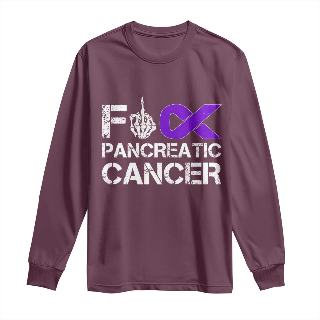 Fck Pancreatic Cancer Long Sleeve Shirt Purple Ribbon Skeleton Hand Graphic