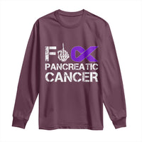 Fck Pancreatic Cancer Long Sleeve Shirt Purple Ribbon Skeleton Hand Graphic