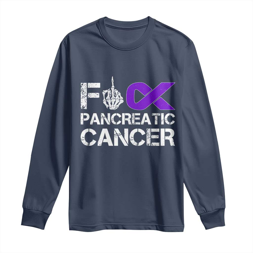 Fck Pancreatic Cancer Long Sleeve Shirt Purple Ribbon Skeleton Hand Graphic