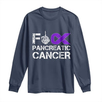 Fck Pancreatic Cancer Long Sleeve Shirt Purple Ribbon Skeleton Hand Graphic