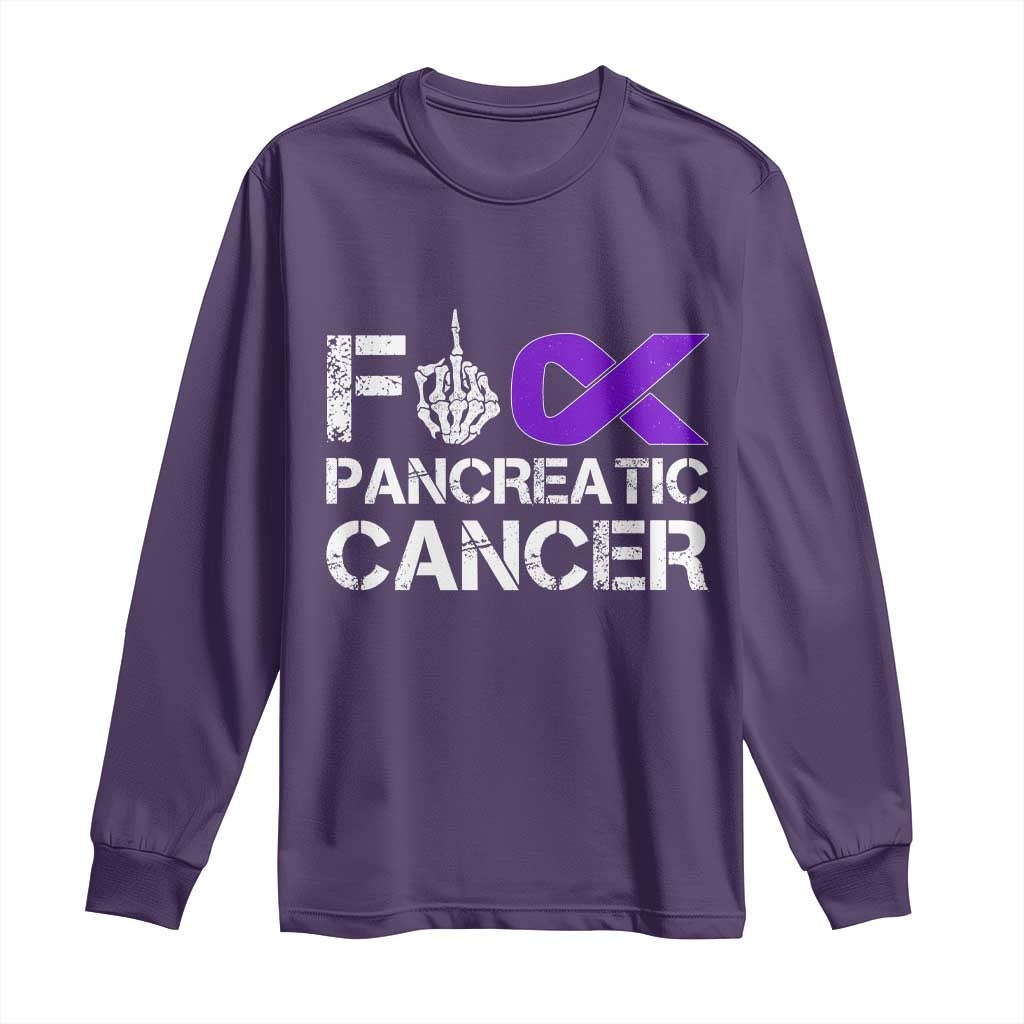 Fck Pancreatic Cancer Long Sleeve Shirt Purple Ribbon Skeleton Hand Graphic