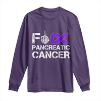 Fck Pancreatic Cancer Long Sleeve Shirt Purple Ribbon Skeleton Hand Graphic