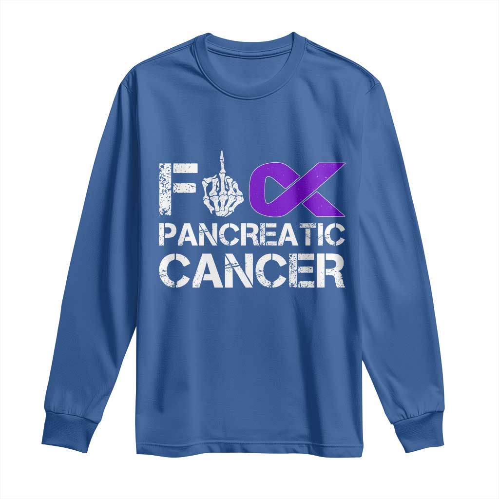 Fck Pancreatic Cancer Long Sleeve Shirt Purple Ribbon Skeleton Hand Graphic